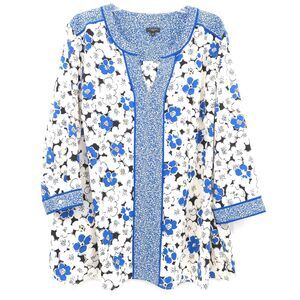 Talbots Plus Size 2X Tunic 3/4 Sleeves blue Floral Popover Shirt Blouse